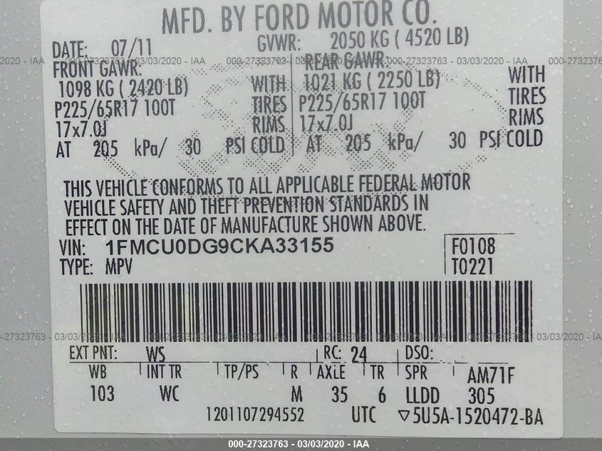 1FMCU0DG9CKA33155 2012 Ford Escape Xlt