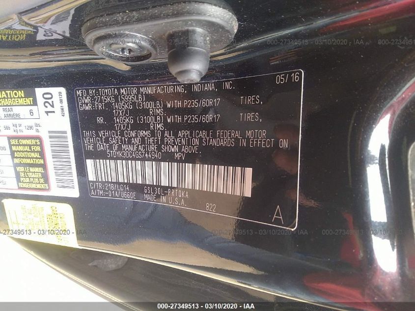 2016 Toyota Sienna Xle 8 Passenger VIN: 5TDYK3DC4GS744940 Lot: 27349513