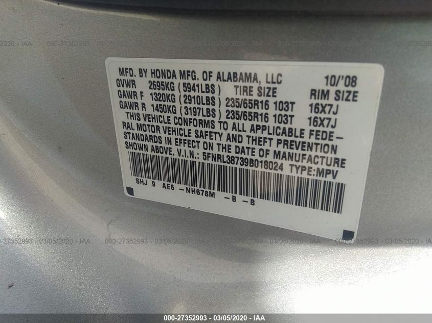 2009 Honda Odyssey Ex-L VIN: 5FNRL38739B018024 Lot: 27352993