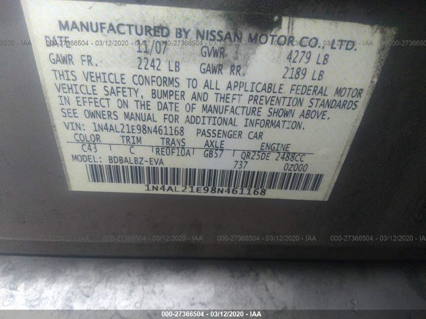 1N4AL21E98N461168 2008 Nissan Altima 2.5 S