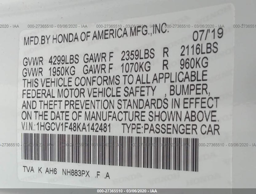1HGCV1F48KA142481
