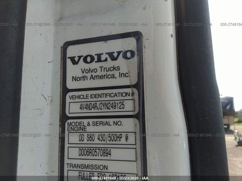 2000 Volvo Vn VIN: 4V4ND4RJ2YN249125 Lot: 27491948