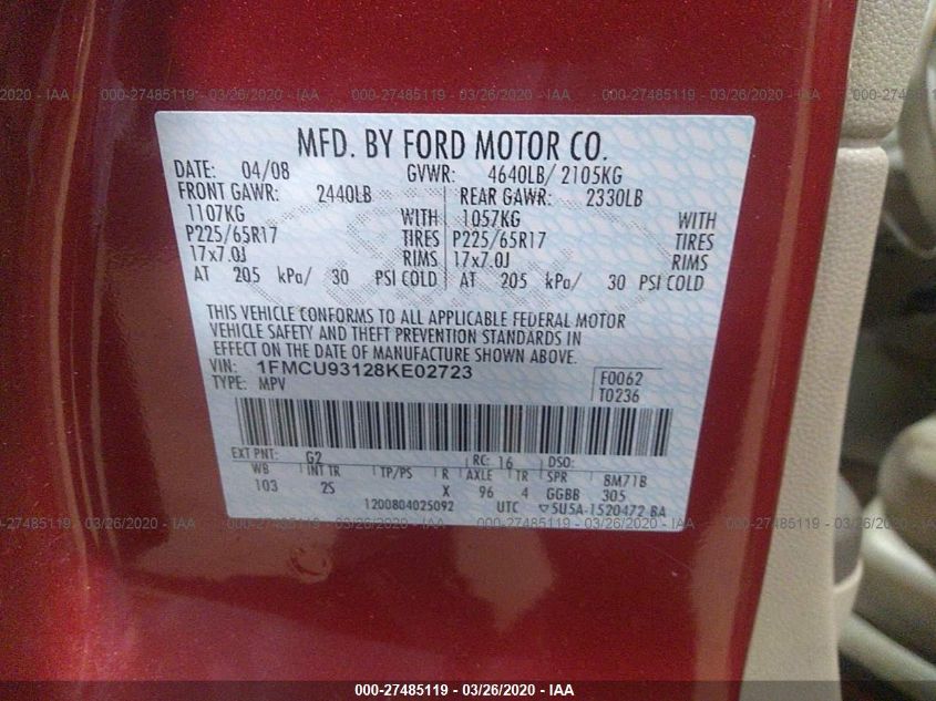 1FMCU93128KE02723 2008 Ford Escape Xlt