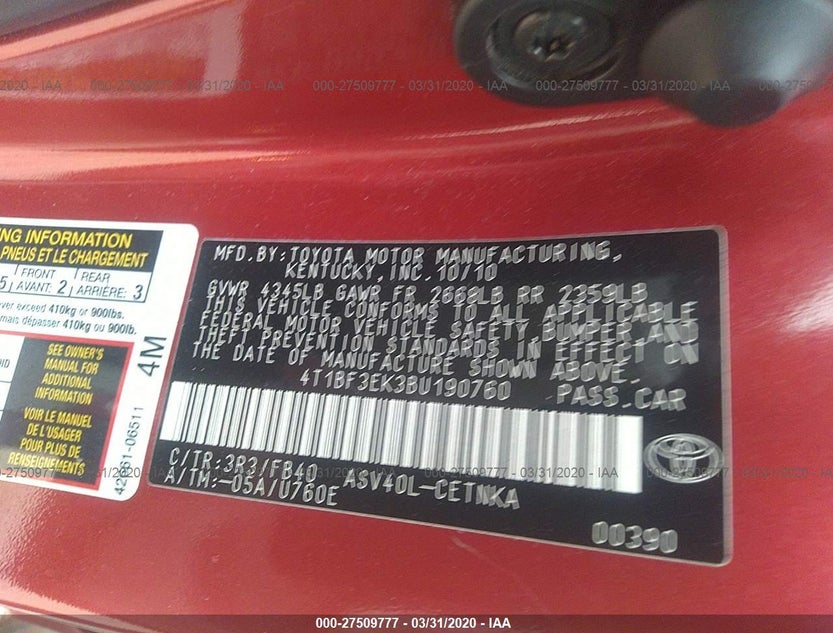4T1BF3EK3BU190760
