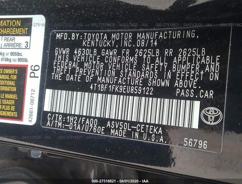 4T1BF1FK9EU859122
