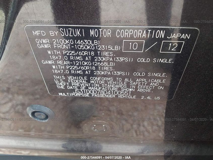 VIN JS3TD0D78D4100551 2013 Suzuki Grand Vitara, Lim... no.9