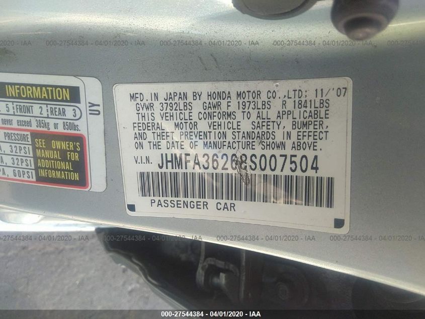 JHMFA36268S007504 2008 Honda Civic Hybrid