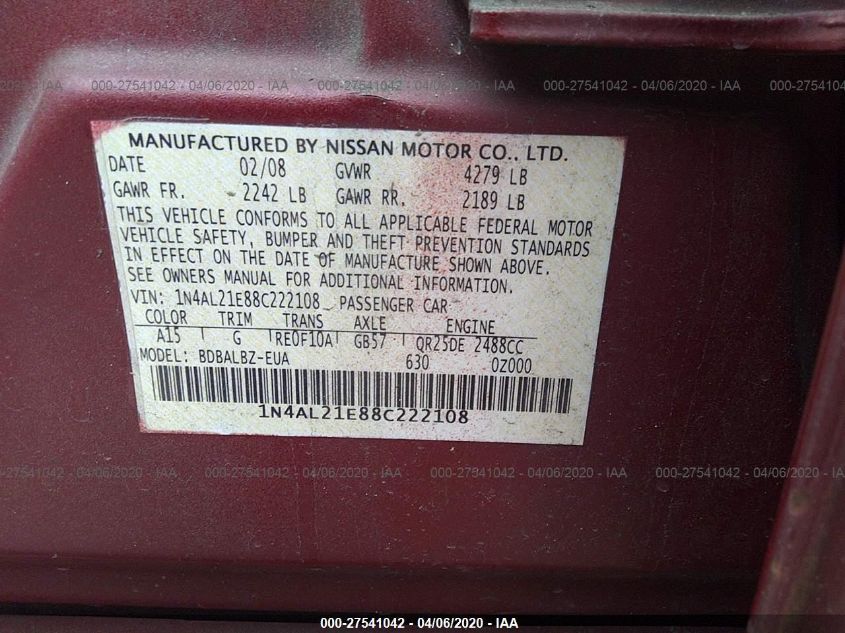 1N4AL21E88C222108 2008 Nissan Altima 2.5 S