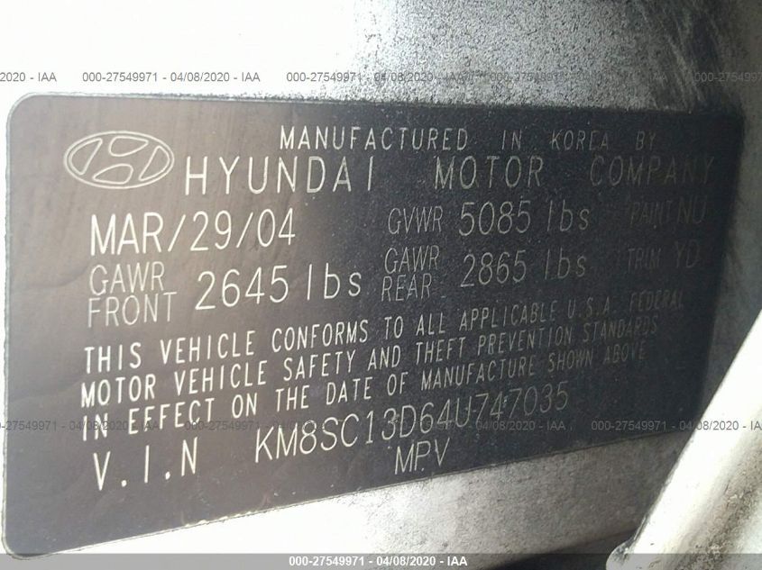 KM8SC13D64U747035 2004 Hyundai Santa Fe Gls