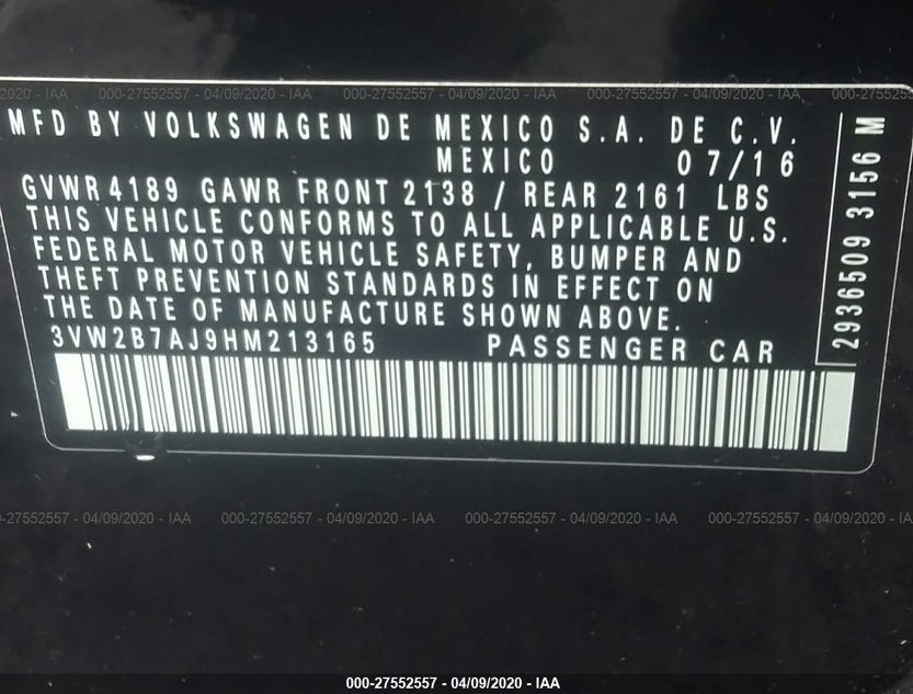 3VW2B7AJ9HM213165