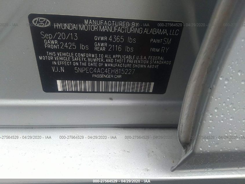 2014 Hyundai Sonata Limited VIN: 5NPEC4AC4EH815227 Lot: 27564529