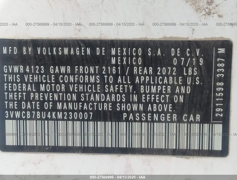 3VWCB7BU4KM230007
