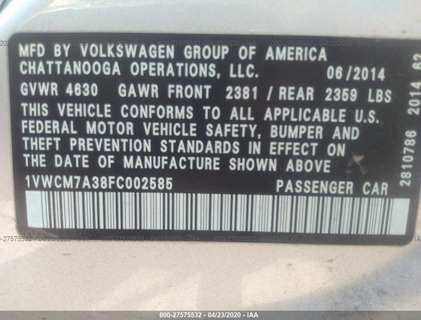 1VWCM7A38FC002585