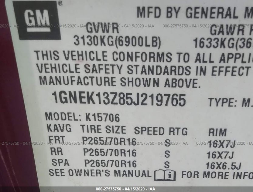1GNEK13Z85J219765