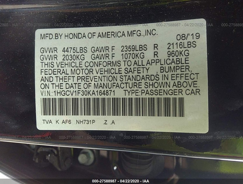1HGCV1F30KA164871