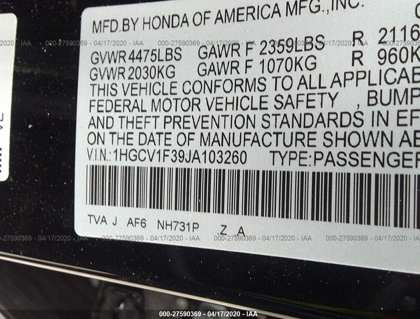 1HGCV1F39JA103260