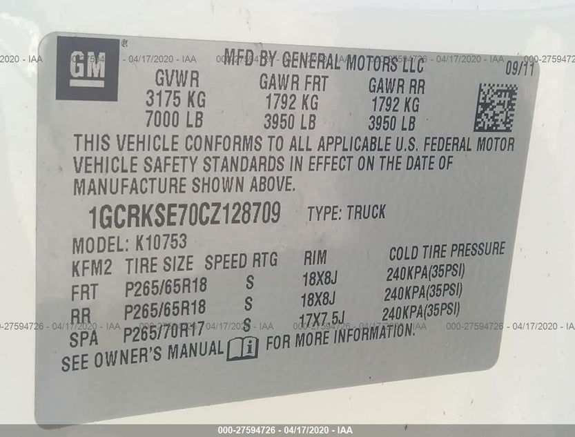 1GCRKSE70CZ128709