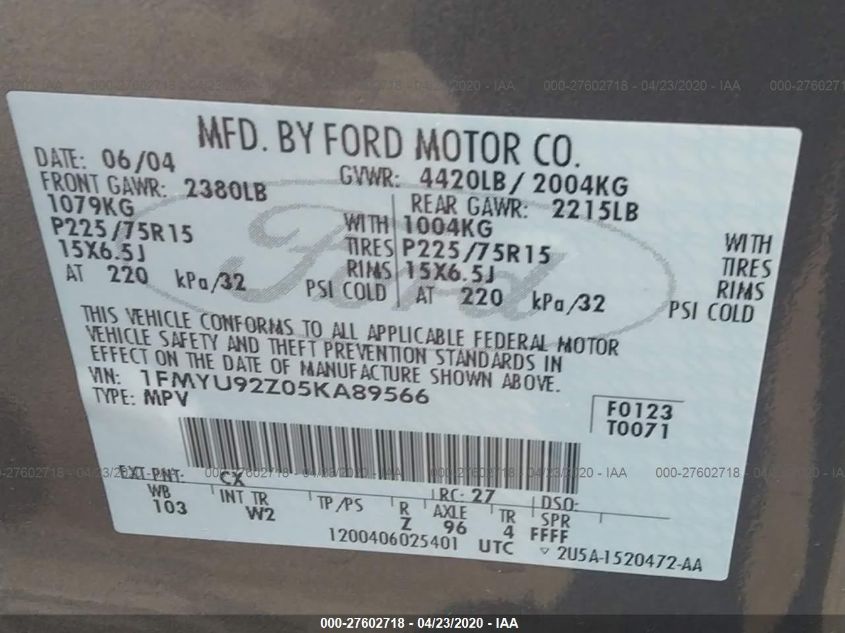 1FMYU92Z05KA89566 2005 Ford Escape Xls