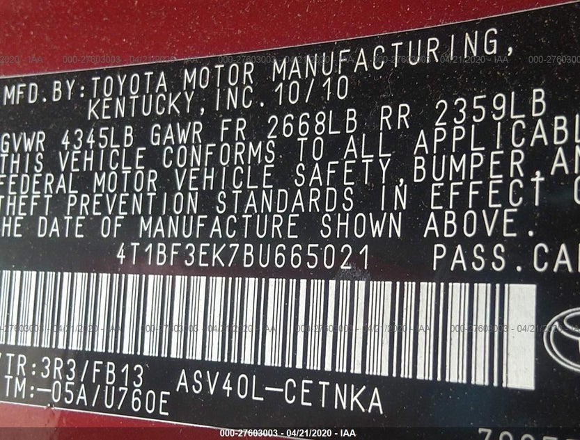 4T1BF3EK7BU665021