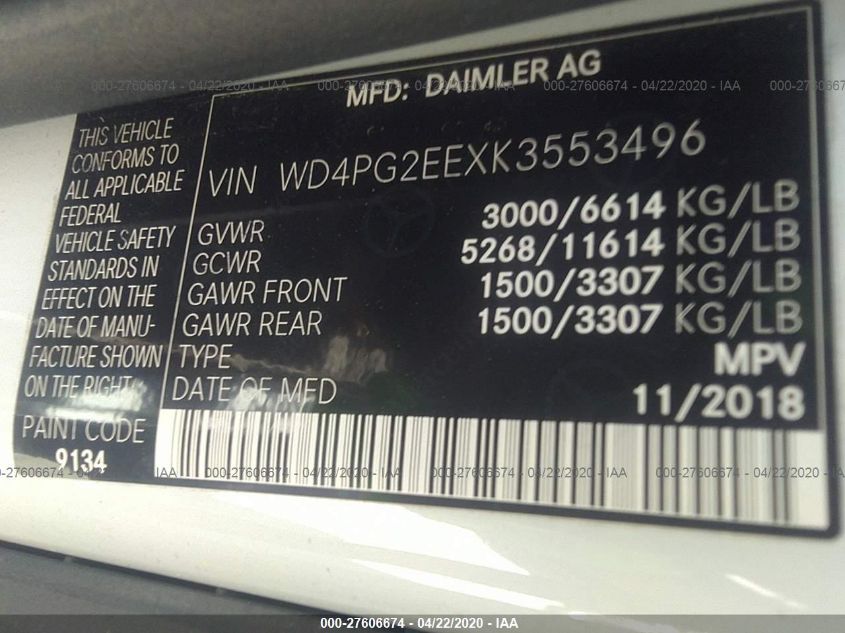 2019 Mercedes-Benz Metris VIN: WD4PG2EEXK3553496 Lot: 43819201
