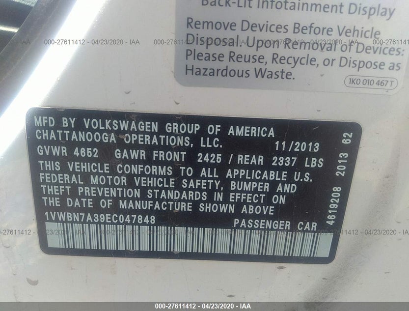 1VWBN7A39EC047848