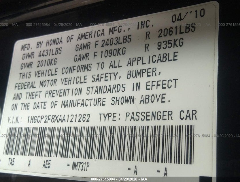 1HGCP2F8XAA121262