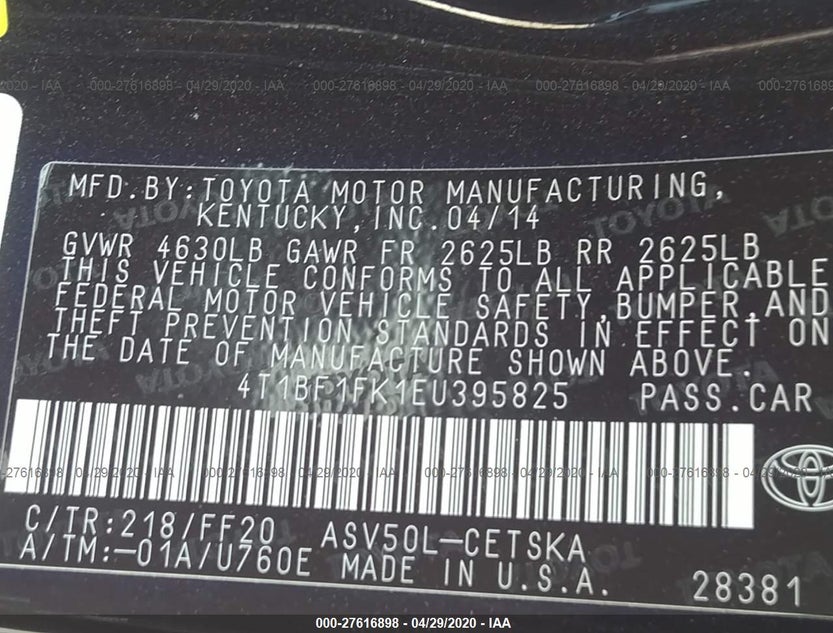 4T1BF1FK1EU395825