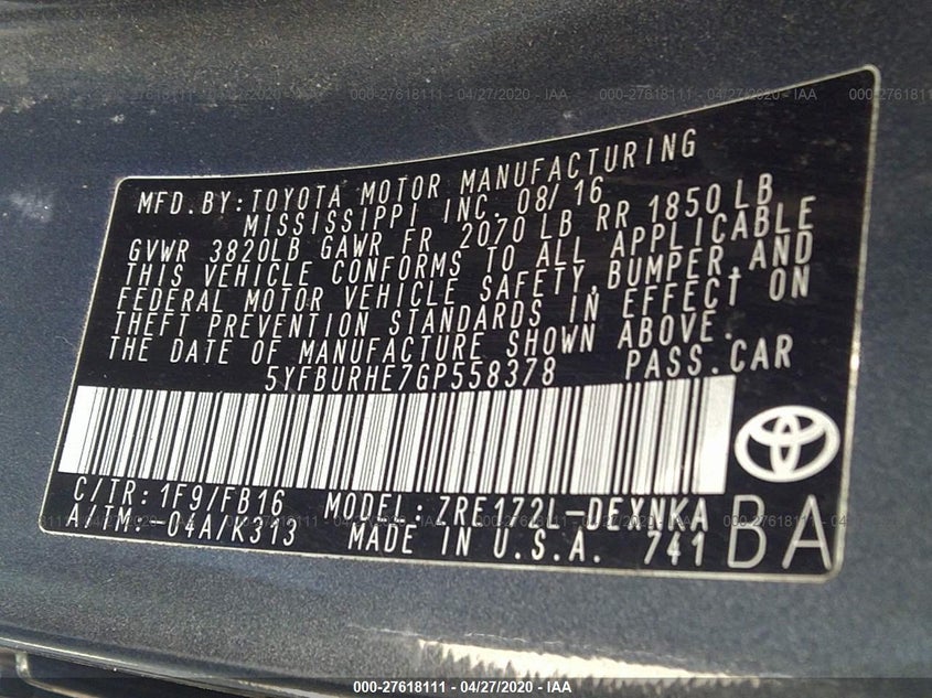 2016 TOYOTA COROLLA VIN: 5YFBURHE7GP558378