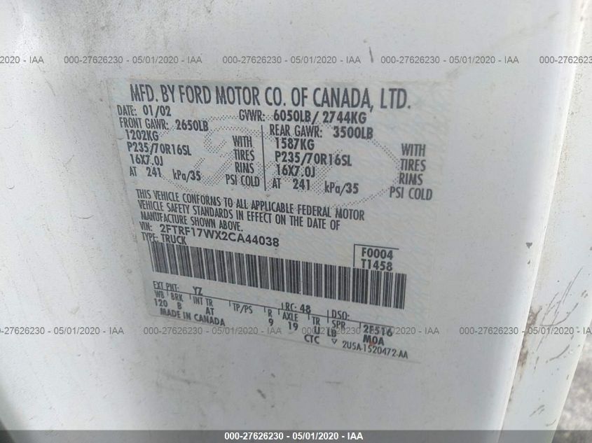 2002 Ford F-150 Xlt/Xl VIN: 2FTRF17WX2CA44038 Lot: 27626230