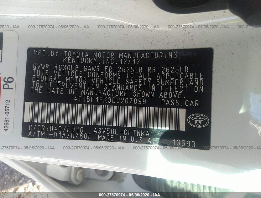 4T1BF1FK3DU207899