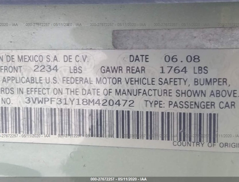3VWPF31Y18M420472