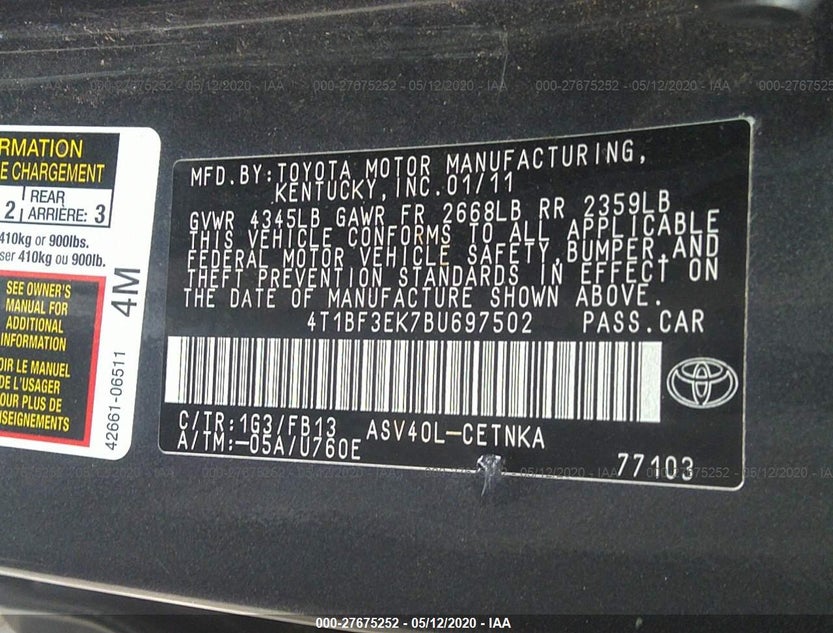 4T1BF3EK7BU697502