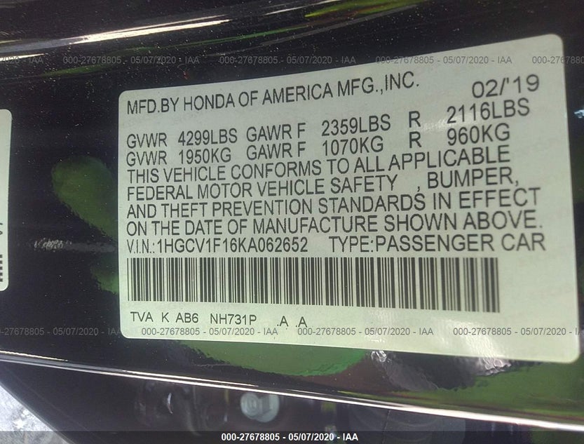 1HGCV1F16KA062652