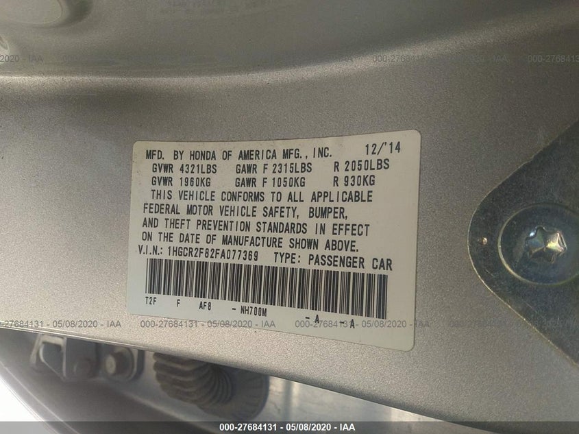 2015 HONDA ACCORD SEDAN EX-L 1HGCR2F82FA077369