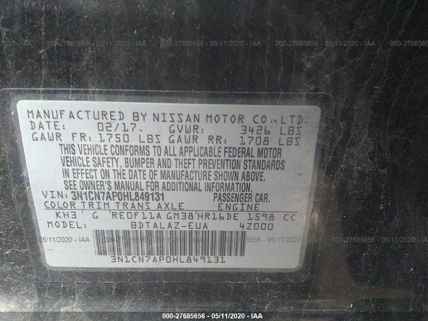 3N1CN7AP0HL849131 2017 Nissan Versa 1.6 S+