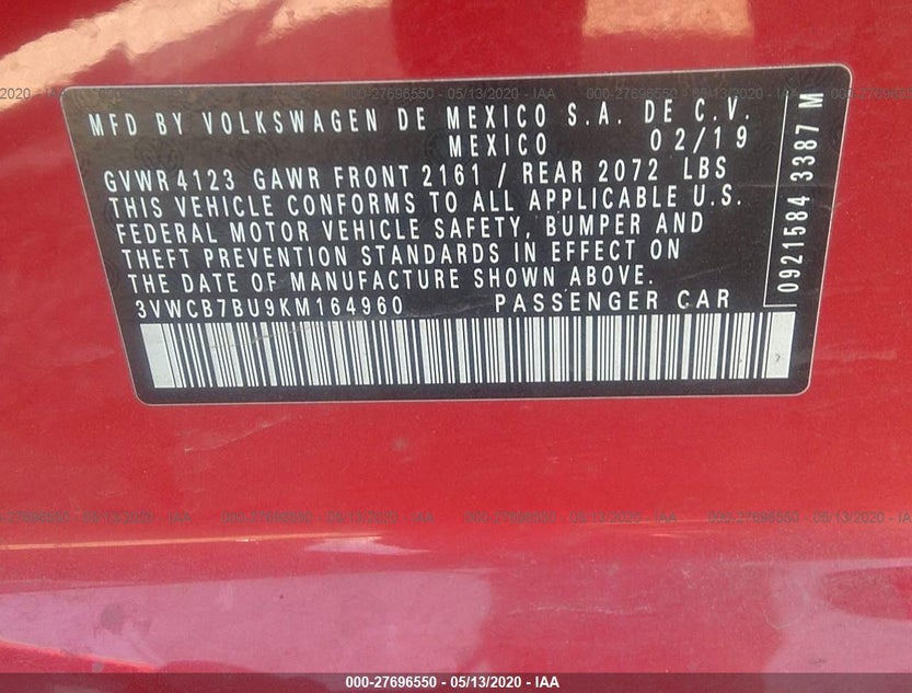 3VWCB7BU9KM164960