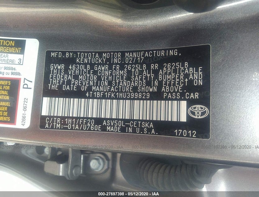 4T1BF1FK1HU399829