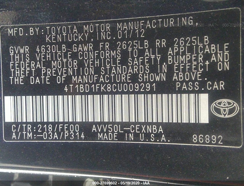 4T1BD1FK8CU009291