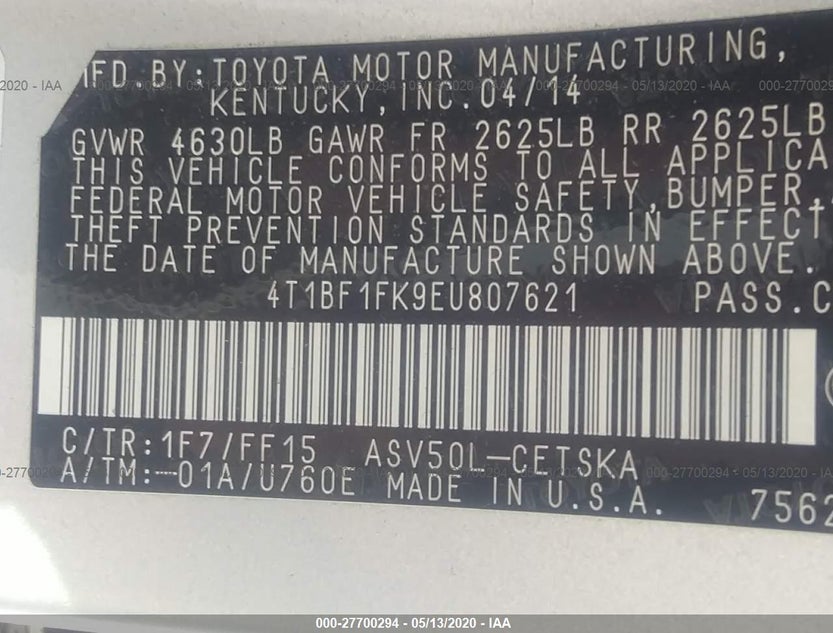 4T1BF1FK9EU807621