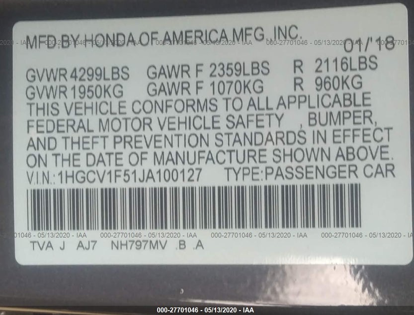 1HGCV1F51JA100127