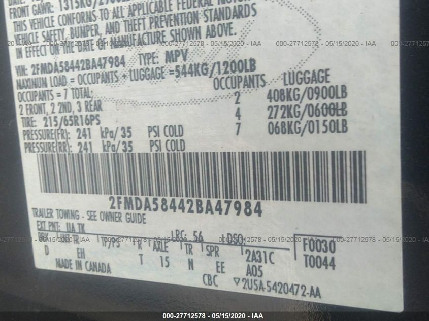 2002 Ford Windstar Ltd W/500A VIN: 2FMDA58442BA47984 Lot: 27712578