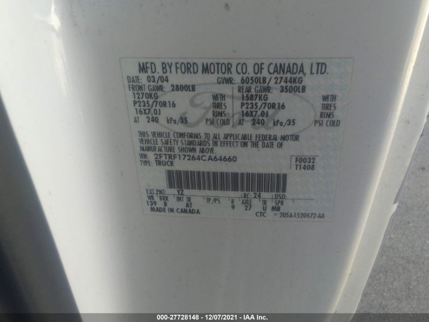 2004 Ford F-150 Heritage Xlt/Xl VIN: 2FTRF17264CA64660 Lot: 27728148
