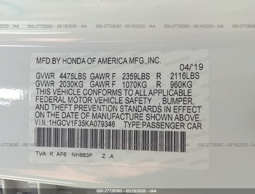 1HGCV1F35KA079346