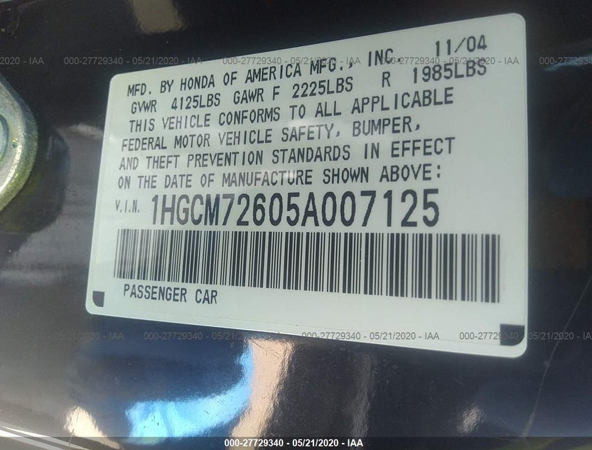 1HGCM72605A007125