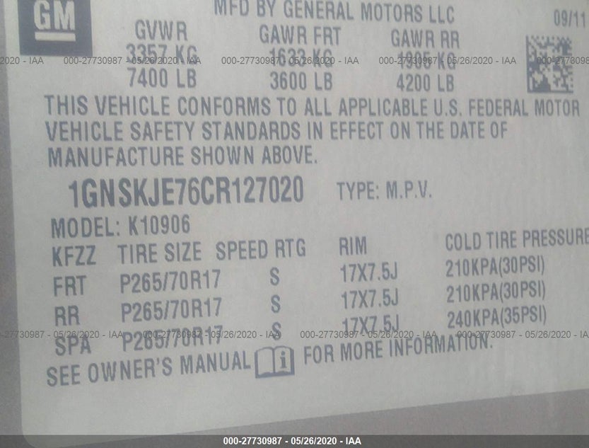 1GNSKJE76CR127020