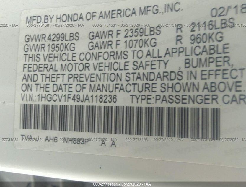 1HGCV1F49JA118236