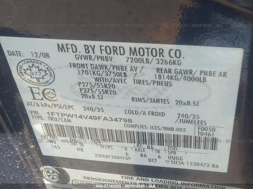 2009 Ford F-150 Xl/Xlt/Fx4/Lariat VIN: 1FTPW14V49FA34798 Lot: 27745215