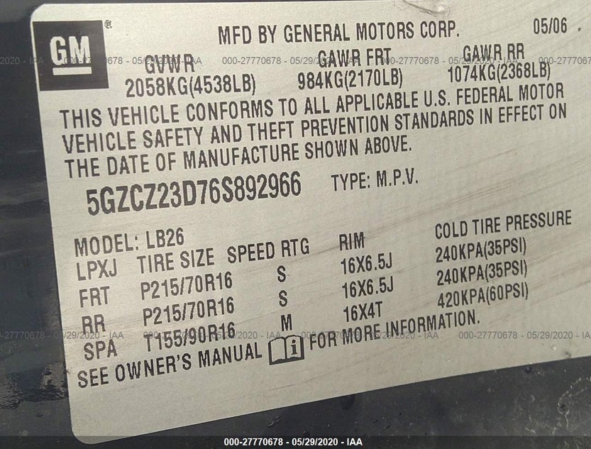 5GZCZ23D76S892966