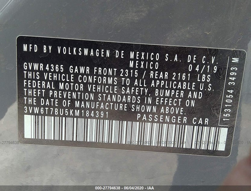 3VW6T7BU5KM184391