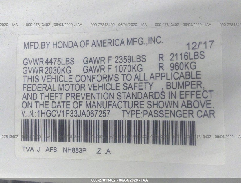 1HGCV1F33JA067257